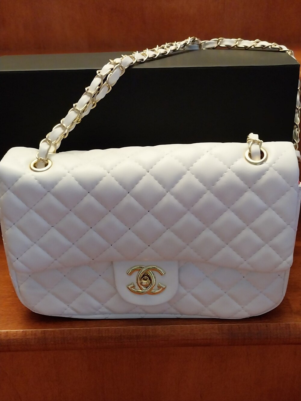 Brand New White Leather Quilted Chain-Shoulder Bag
